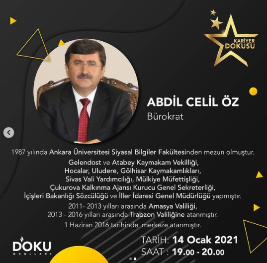KARİYER DOKUSU etkinliklerimiz kapsamında öğrencilerimizde bir meslek farkındalığı oluşturmak istiyoruz. Bu kapsamda bu haftaki konuğumuz Bürokrat Abdullah Celil ÖZ olacaktır. - 1